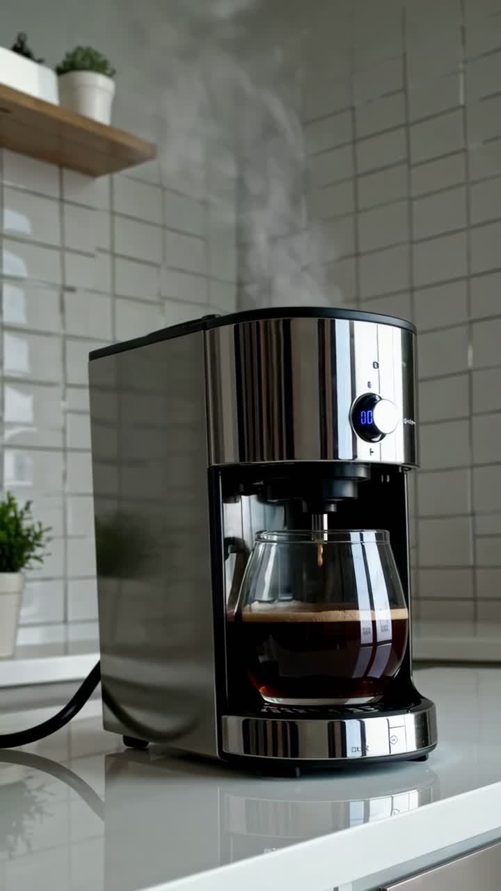 Sleek coffee maker on a kitchen counter, shot from a low angle