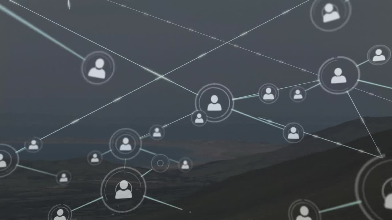 animación de la red de conexiones con iconos sobre el paisaje