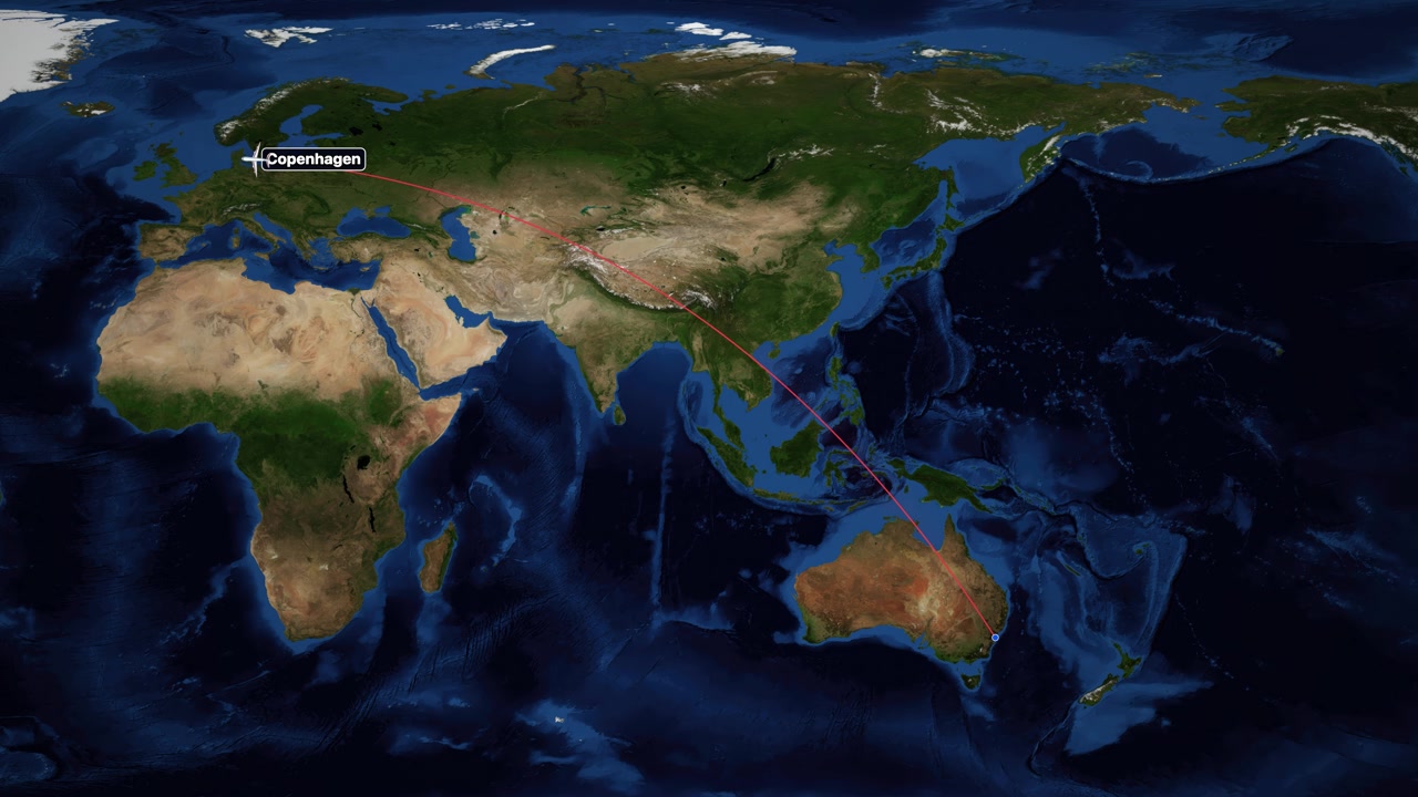 Satellite world map animation follows a red flight path from Sydney to Copenhagen city