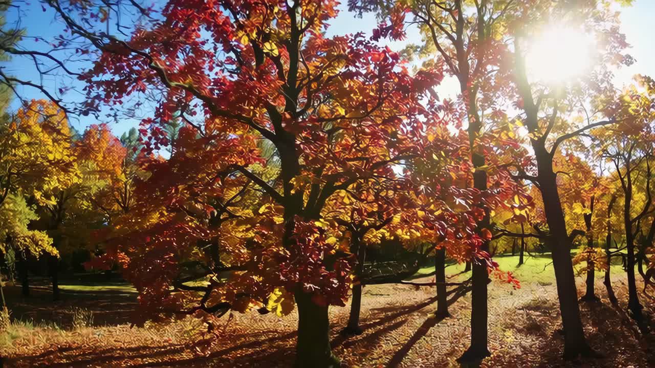 Aerial video captures vibrant autumn trees with sunlight filtering through, creating a warm, serene
