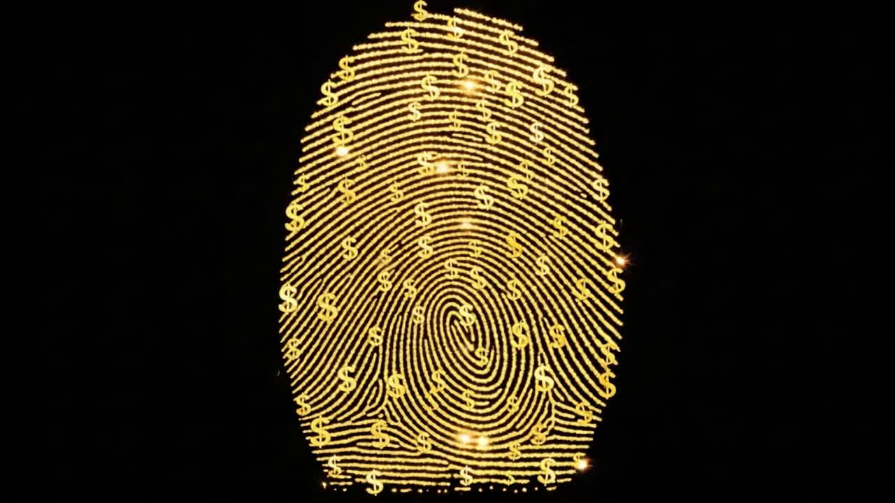 A dazzling display of a glowing fingerprint illuminated with sparkling dollar signs, symbolizing wealth and identity in a captivating visual format