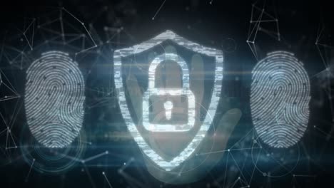security padlock icons and human hand scanning over fingerprint biometric scanner