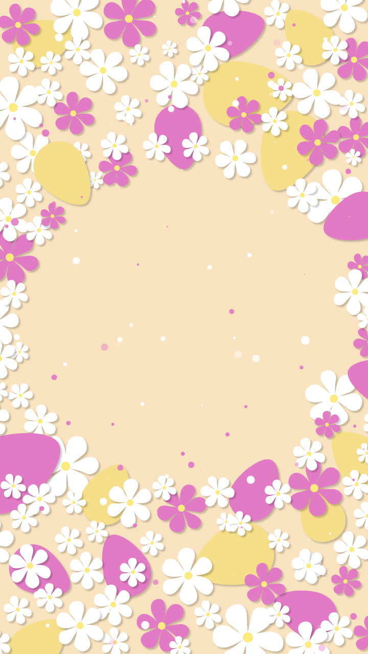 Easter pattern of eggs and flowers on light yellow background. Daisy flowers over round frame. Copy space. Loop animation. Vertical video.