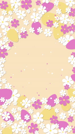 easter pattern of eggs and flowers on light yellow background. daisy flowers over round frame. copy space. loop animation. vertical video.