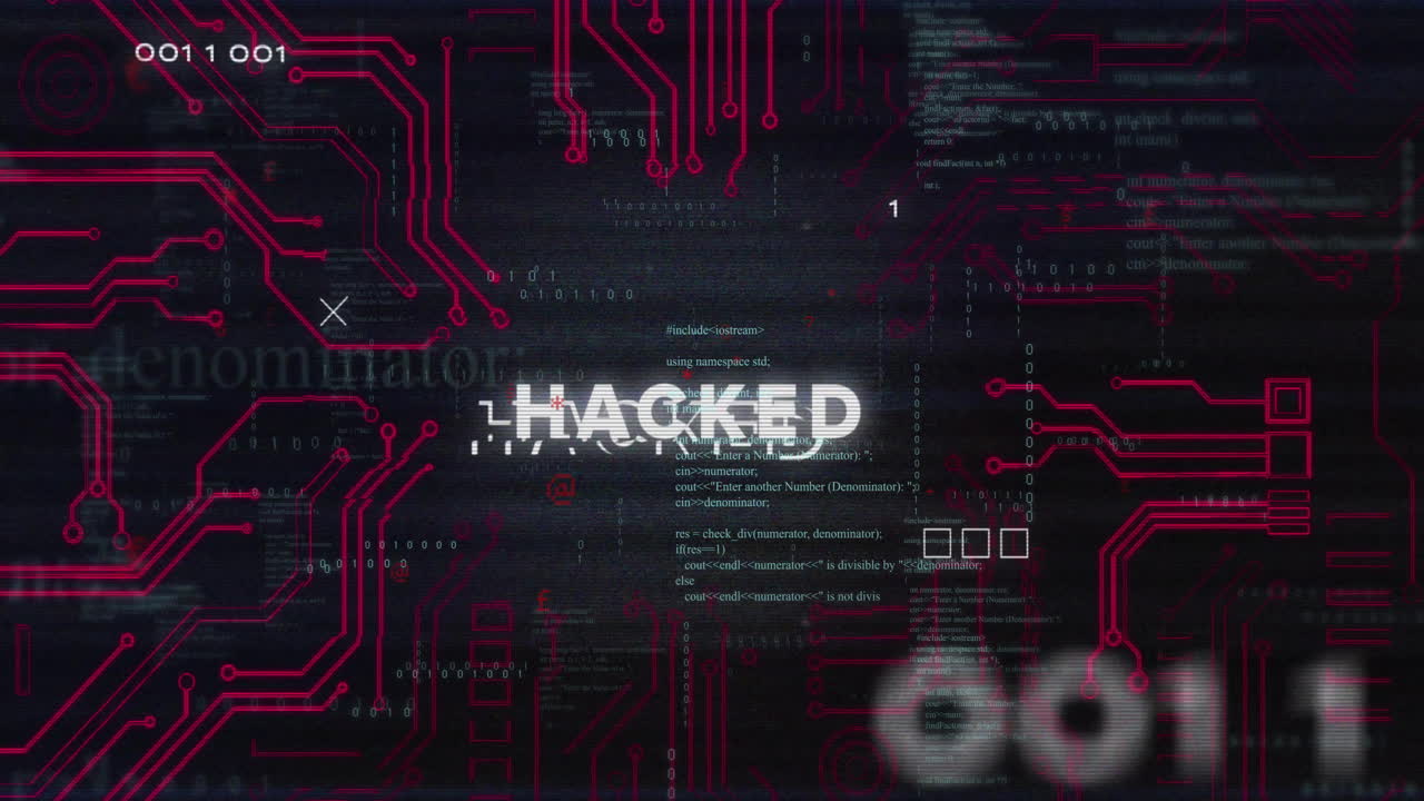 Binary code and red circuit patterns creating animation on dark background