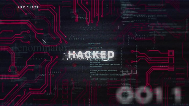 Binary code and red circuit patterns creating animation on dark background