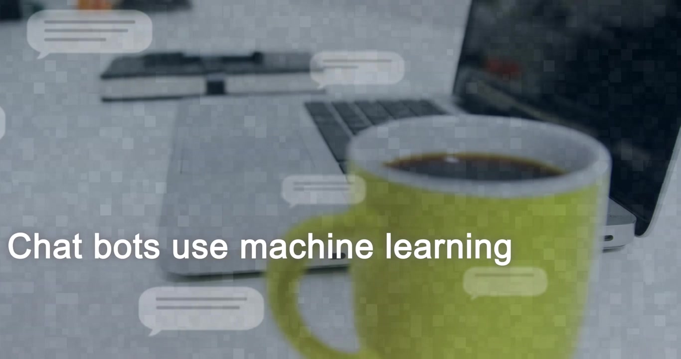 Avatar do usuário surgindo gradualmente, texto se expandindo, bolhas flutuando, caneca avançando, explicando aprendizado de máquina