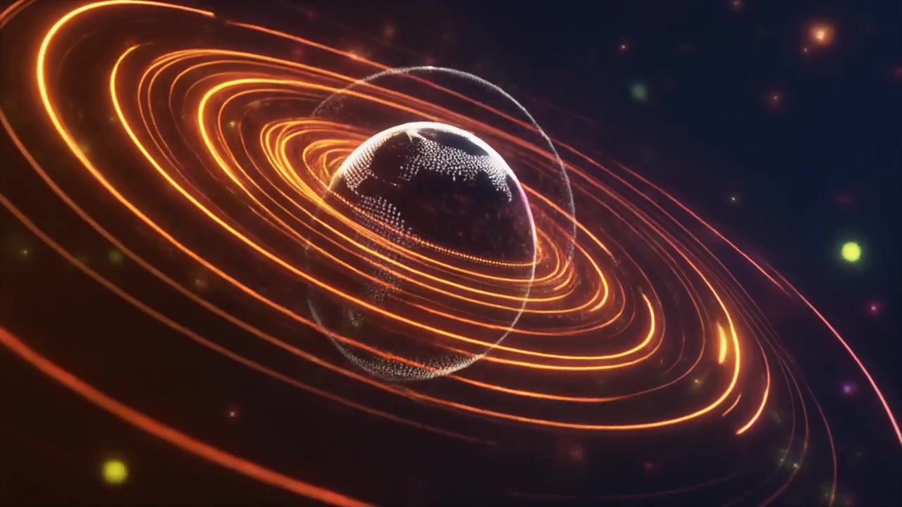 Bola Dunia Digital Dikelilingi Cincin Orbital Oranye Bercahaya