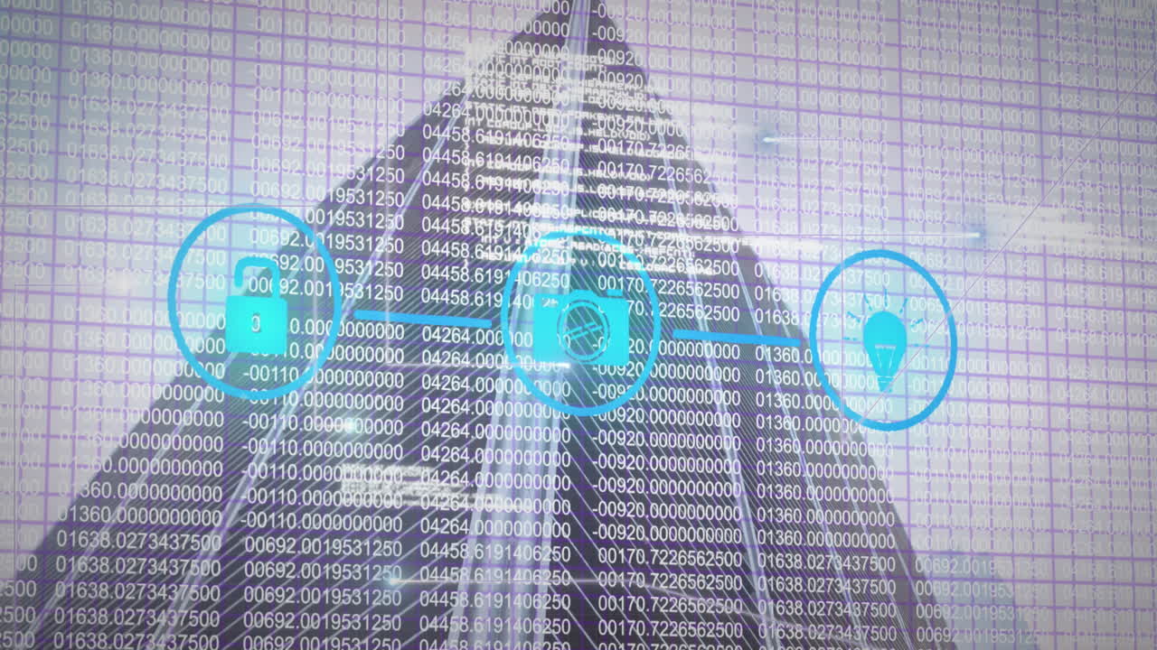 animación del procesamiento de datos con iconos de medios sobre el paisaje urbano