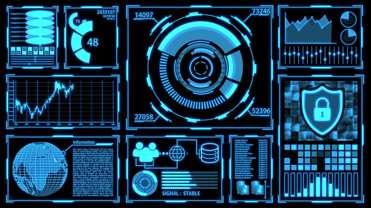 экран передачи данных и цифрового преобразования с деталями в синей цветовой теме