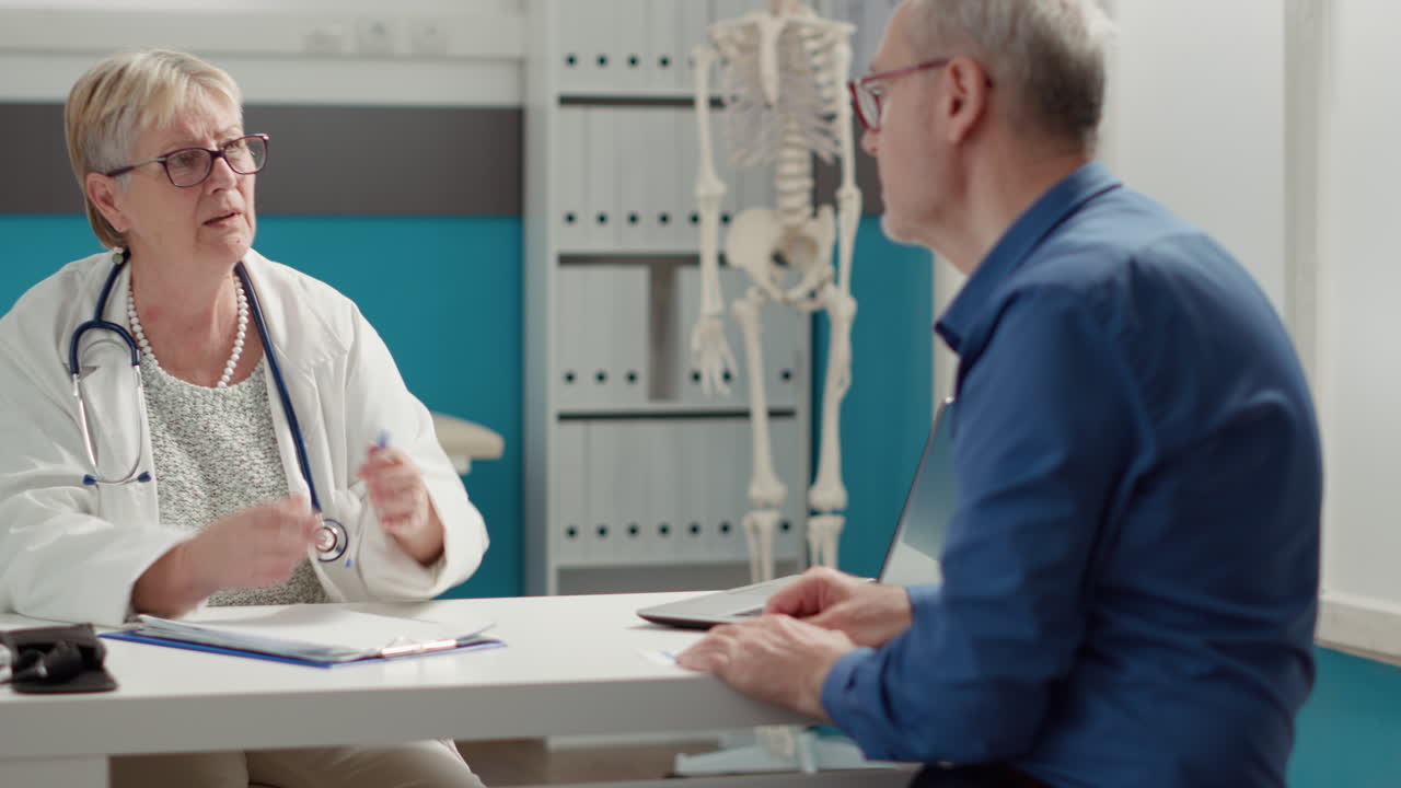 Medic writing checkup information on prescription paper