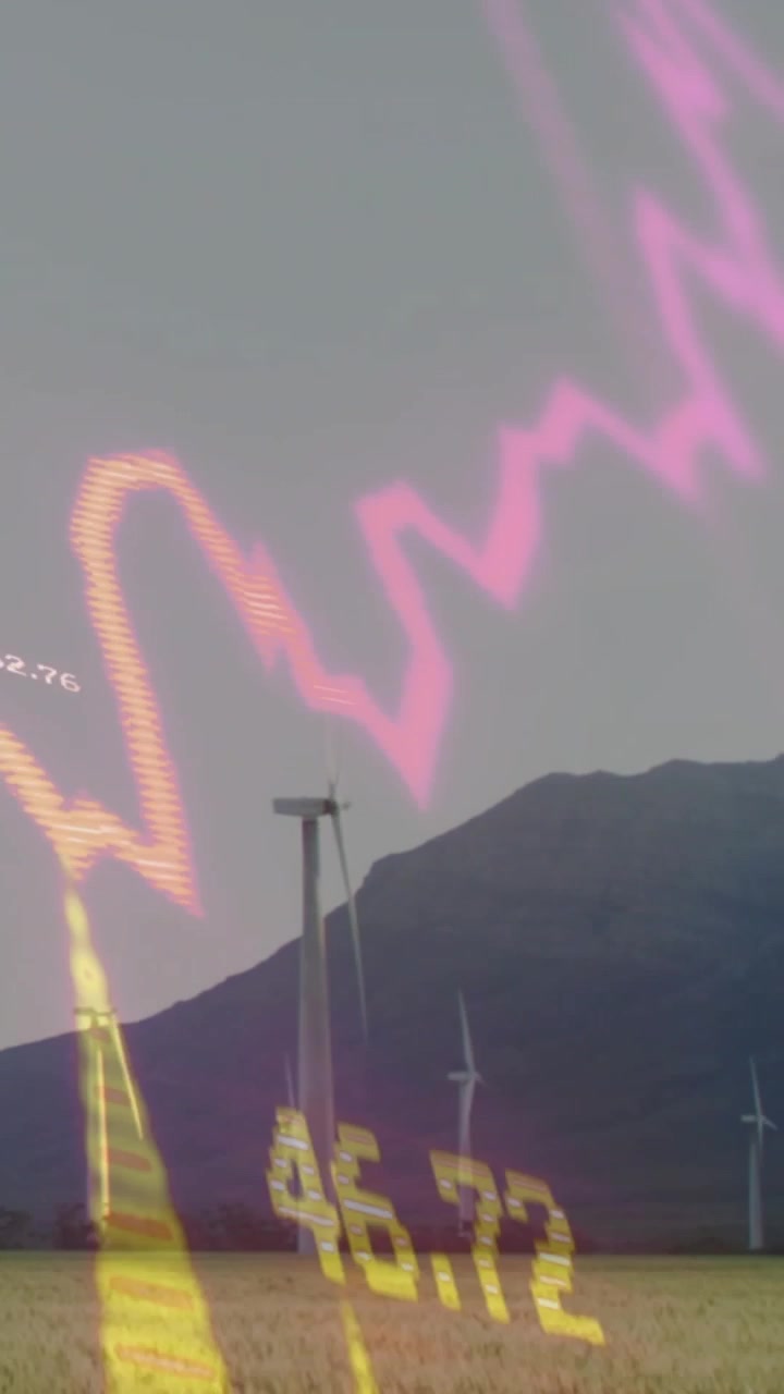 Vertikal video: Turbiner drejer på en mark, mens en bølge fra venstre fejer gule linjer, der krydser dem for at vise energi.