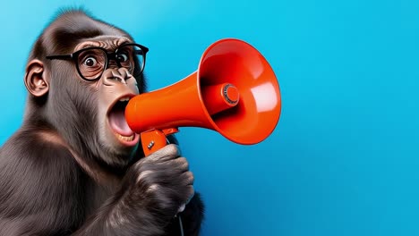 a monkey with glasses holding a megaphone in its mouth