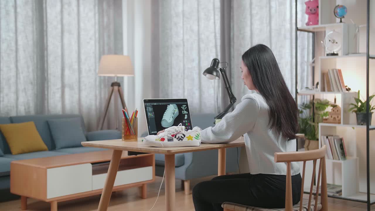 가정 사무실에서 노트북으로 신발을 디자인하는 여성