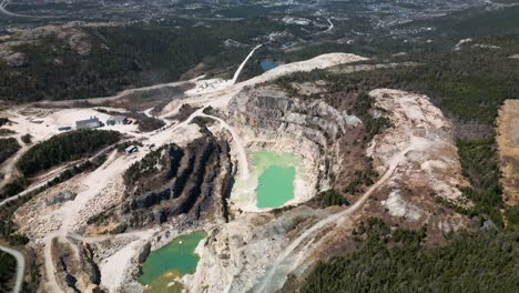 drone shot of an open talc (pyrophillite) mine in manuels, newfoundland, canada displaying conception bay south in the background