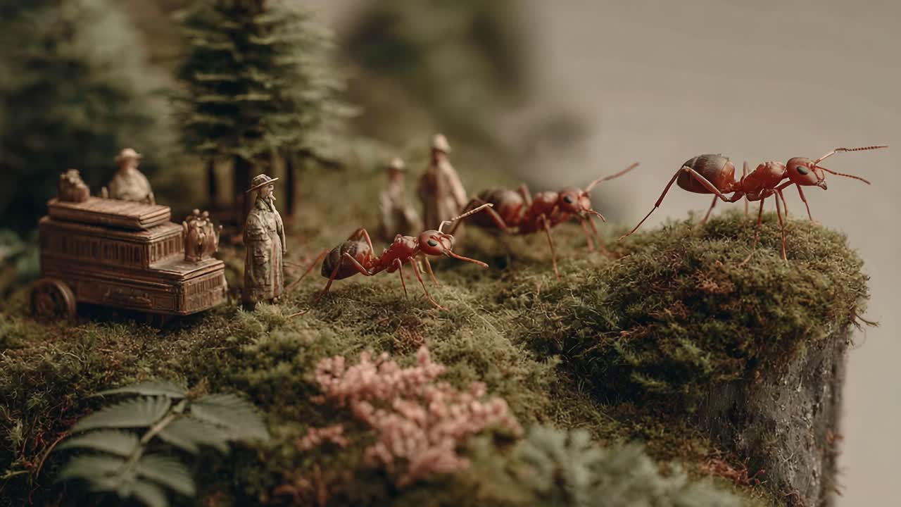 A Captivating Scene of Ants Interacting with Miniature Figures in a Lush Forest Landscape, Showcasing the Fascinating Dynamics of Nature's Tiny Creatures