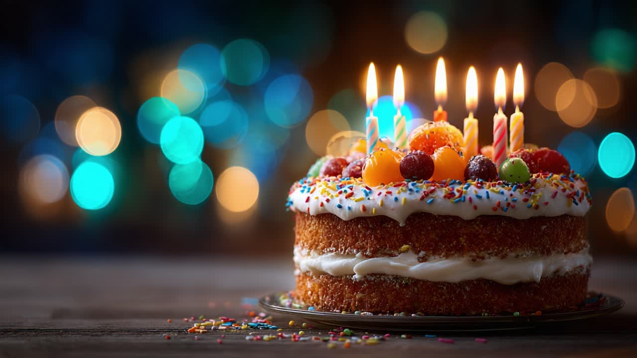 A Festive Celebration with a Delicious Birthday Cake Adorned with Colorful Candles and Bright Sprinkles Set Against a Sparkling Background