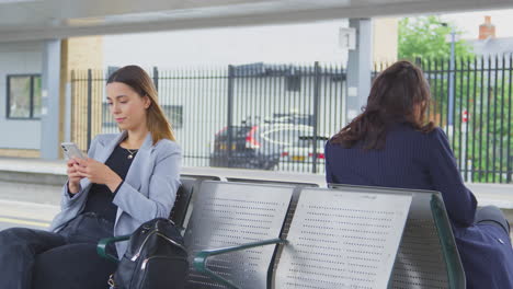 two businesswomen commuting to work waiting for train on station platform looking at mobile phones