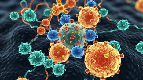 this animation showcases the complex interactions between viruses and human cells, revealing their colorful structures and behavior. it emphasizes the fascinating details of microscopic life.