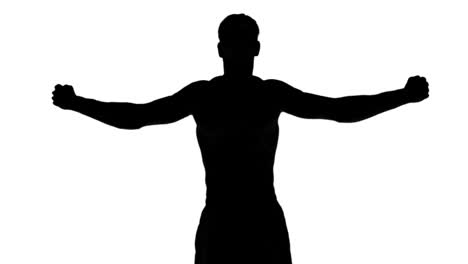 silhouette of a man stretching arms on white background