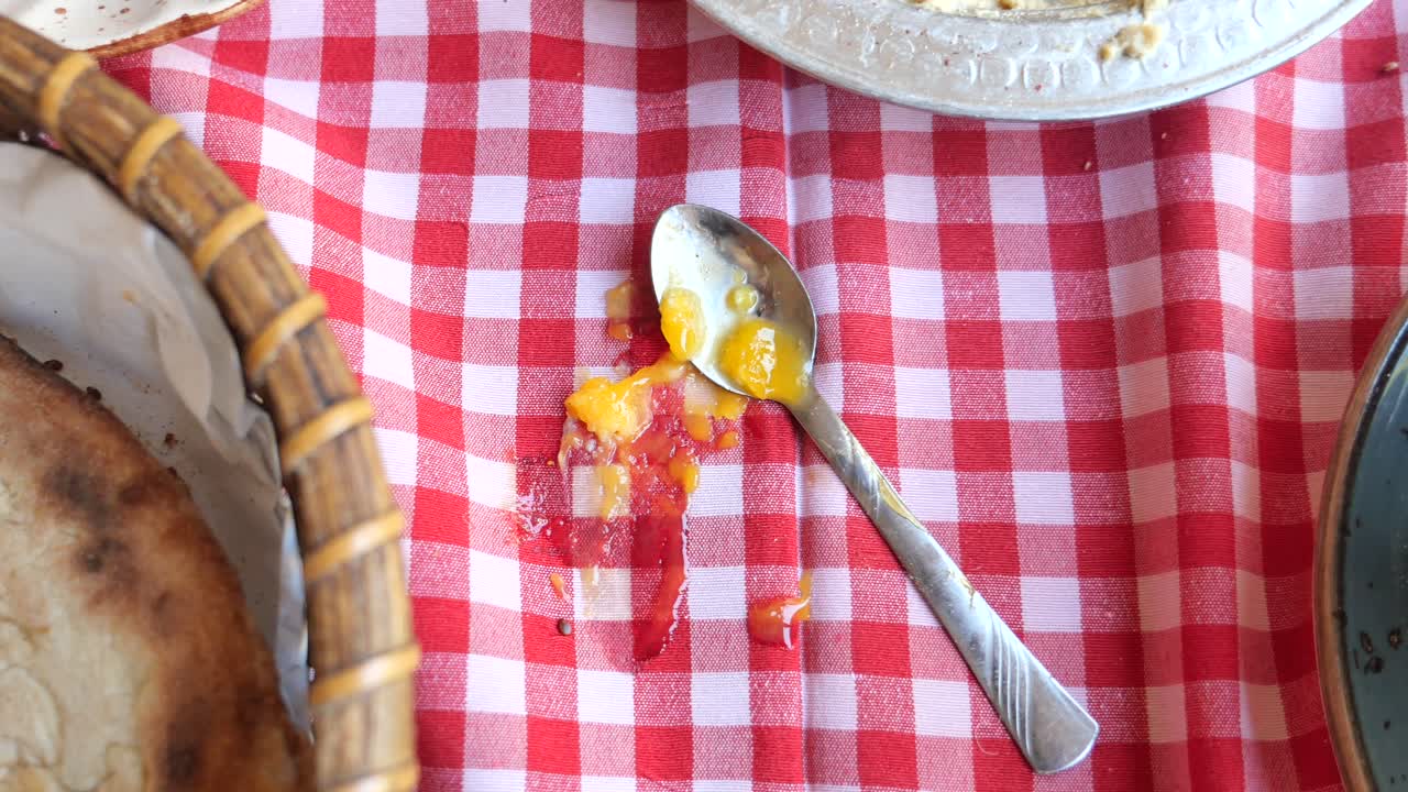 Food remnants on a checkered tablecloth