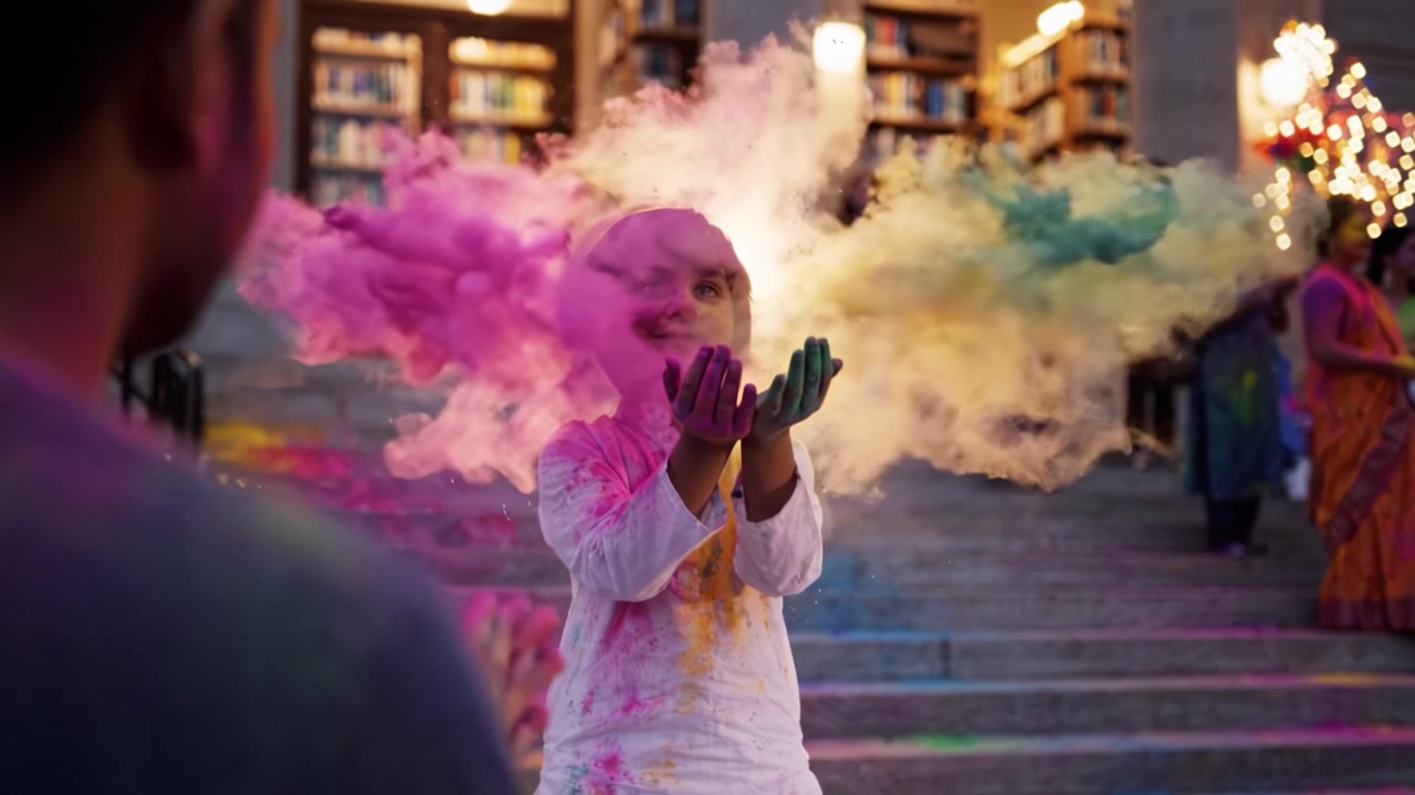 Una celebrazione colorata di gioia: un giovane ragazzo coperto di vivace polvere Holi abbraccia lo spirito di unità e festività in mezzo a un gruppo di festeggianti