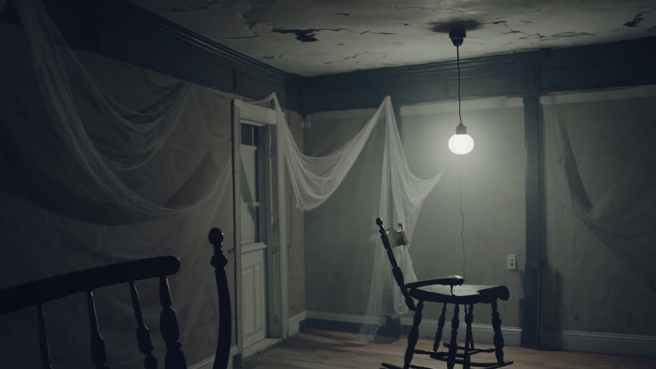 A dimly lit, eerie room with draped sheets and a single bulb, captured from a low angle