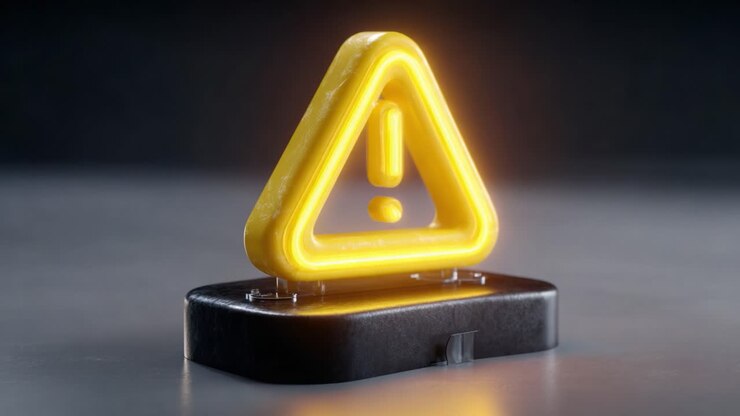Un segnale di avvertimento giallo brillante con un punto esclamativo ben visibile si illumina in un ambiente scarsamente illuminato, indicando cautela e urgenza nella comunicazione visiva.