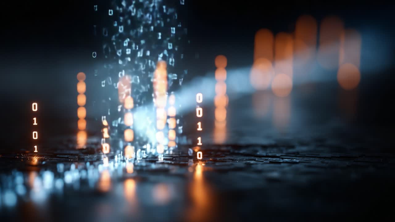 Una Splendida Rappresentazione Visiva di Dati Digitali che Scorrono come Codici Binari in un Ambiente Mistico, Illuminata da Luci Scintillanti e Motivi Misteriosi.