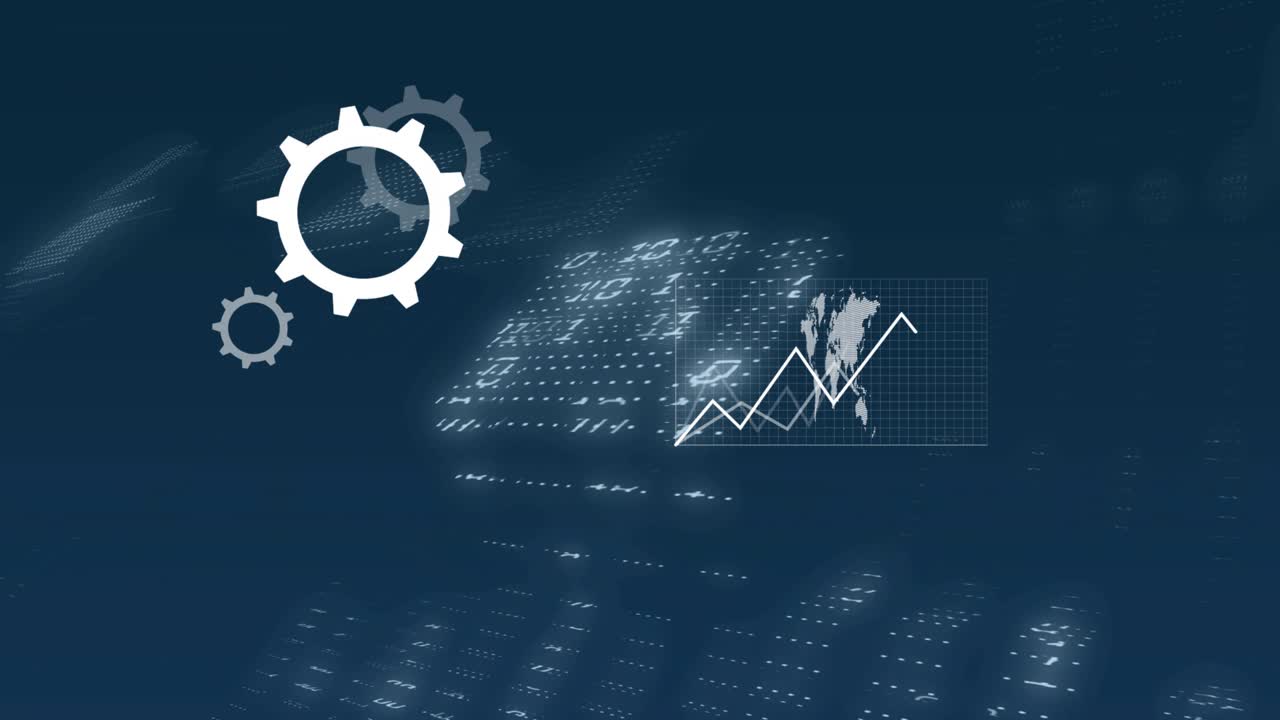 Moving grids starting white phone fading, forming laptop, and showing rising charts and cloud data