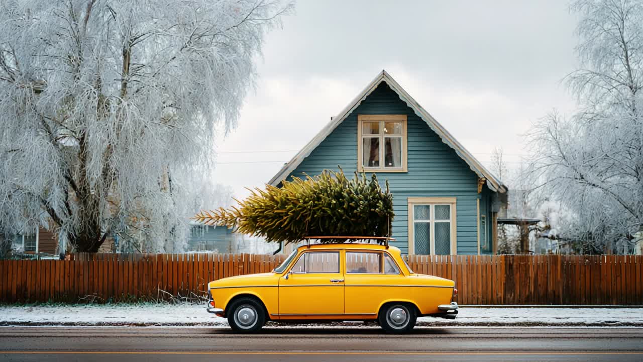 A Bright Yellow Car Delivers a Festive Touch by Transporting a Christmas Tree Amidst a Winter Landscape, Framed by a Charming House Surrounded by Frost-Covered Trees and a Snowy Road