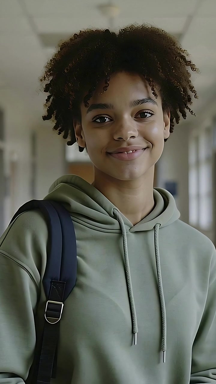 Vídeo vertical: Adolescente abrindo os olhos e virando-se para a câmera sorrindo no corredor da escola enquanto ela se aproxima