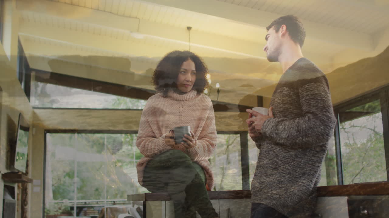 Drinking coffee and talking, two people in cozy home with animation