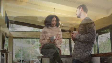 drinking coffee and talking, two people in cozy home with animation