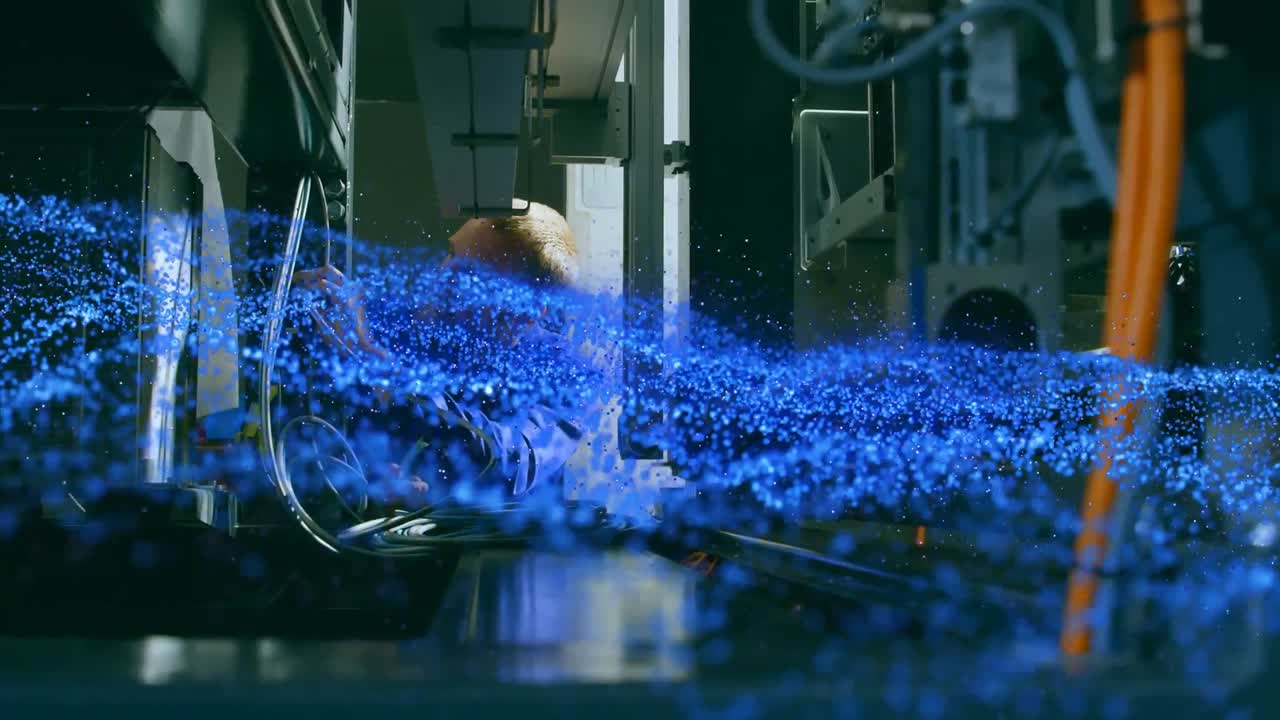 Animation of blue glowing mesh over male scientist with robot