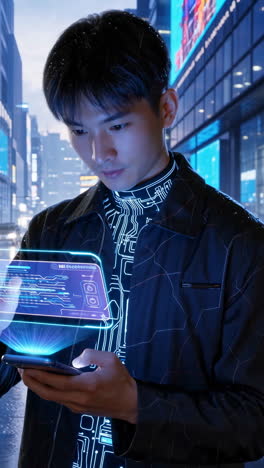 young man using holographic smartphone in futuristic city
