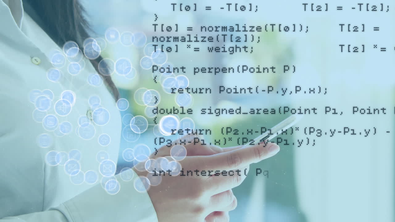 Animation of arrows and icons over caucasian businesswoman using phone headset