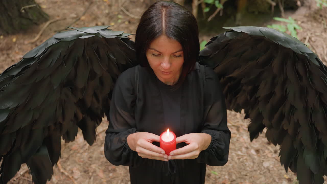 Kvinne kledd i svart med store, svarte vinger som holder et brennende, rødt lys og løfter det opp under et ritual i skogen, som symboliserer mystikk, tro og mørk spirituell energi omgitt av naturlig stillhet.