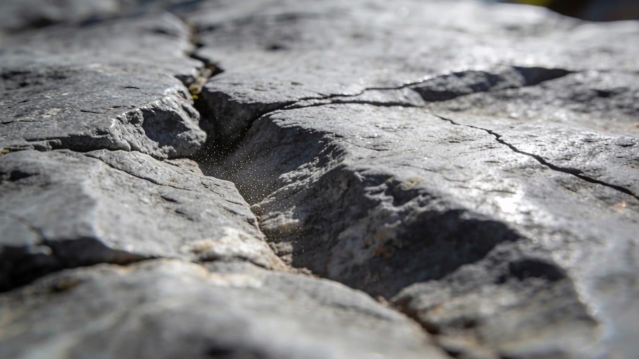 Kameraet trækker fokus og afslører en klippeblok ved et solbeskinnet klippefremspring, der fremhæver sprække og lav.