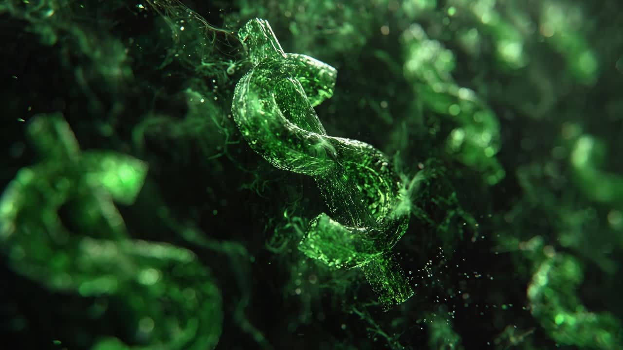 Uma Exibição Cintilante de Símbolos de Moeda Verde Flutuando em Meio a um Fundo Onírico, Representando Riqueza, Finanças e Liberdade Econômica em Detalhes Vívidos.