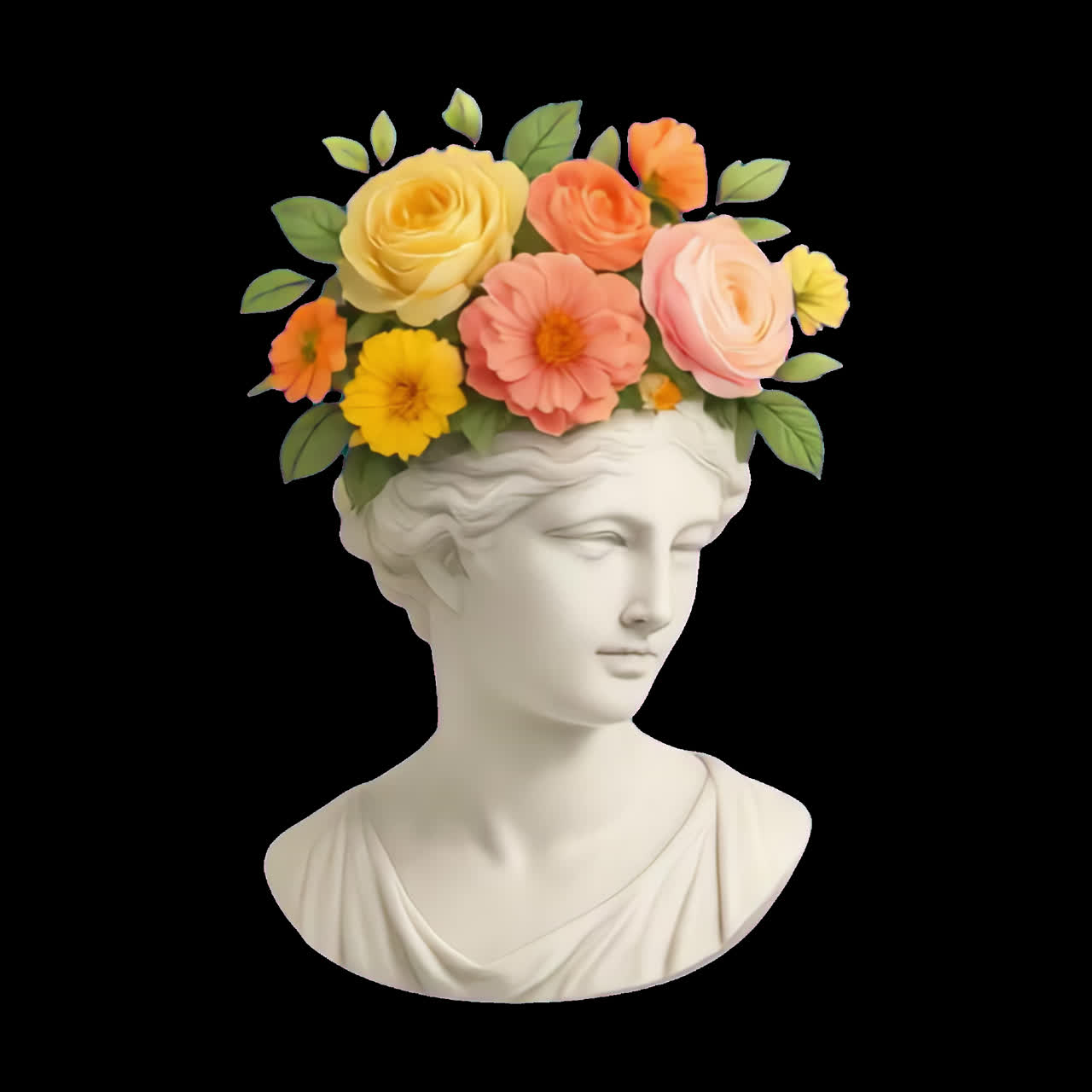 Classical bust adorned with flowers animation isolated asset, transparent 4K video, alpha channel