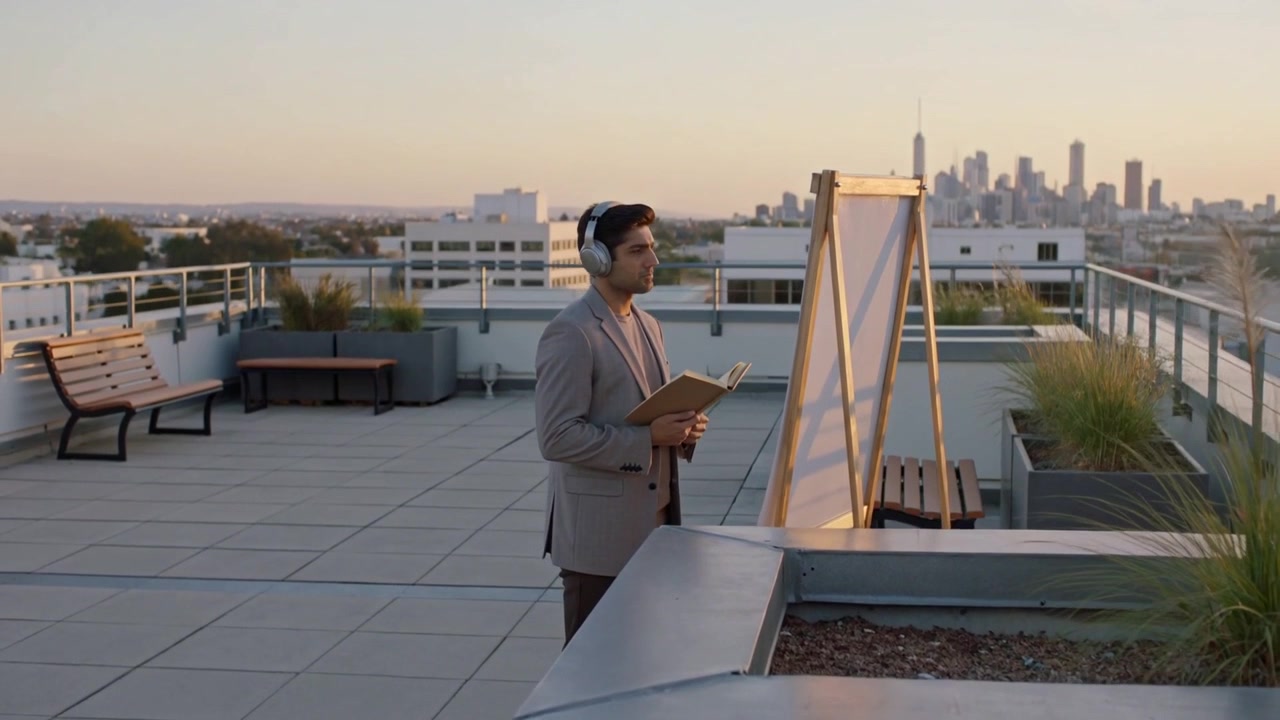Hombre con blazer y auriculares escaneando, sosteniendo una tableta junto a un caballete en el tejado mientras la luz del atardecer cae, componiendo la ciudad