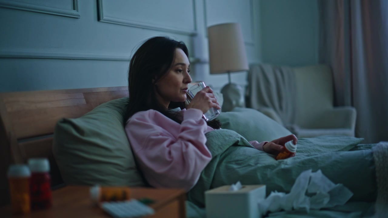 Donna debole e malata sdraiata nella camera da letto la sera. Una bruna che assume farmaci.