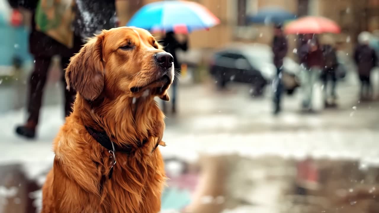 un perro marrón sentado en la lluvia en una calle de la ciudad