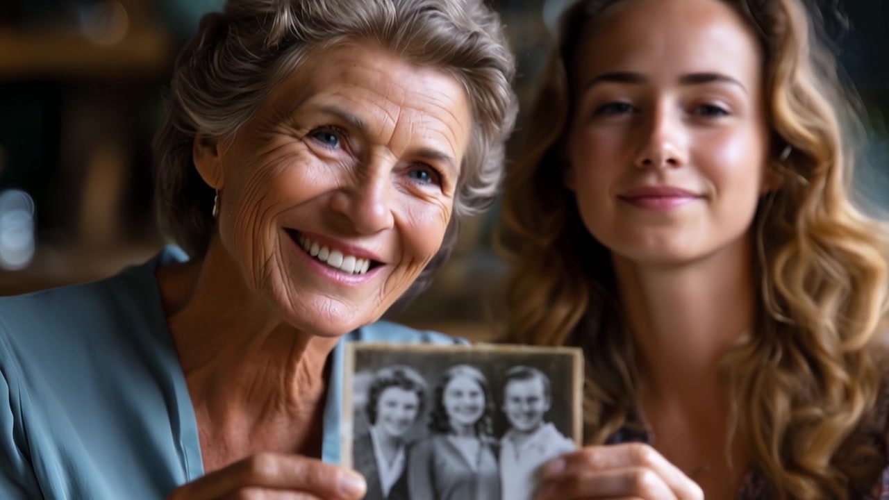 Grandmother and Granddaughter Share Memories Looking at an Old Photo