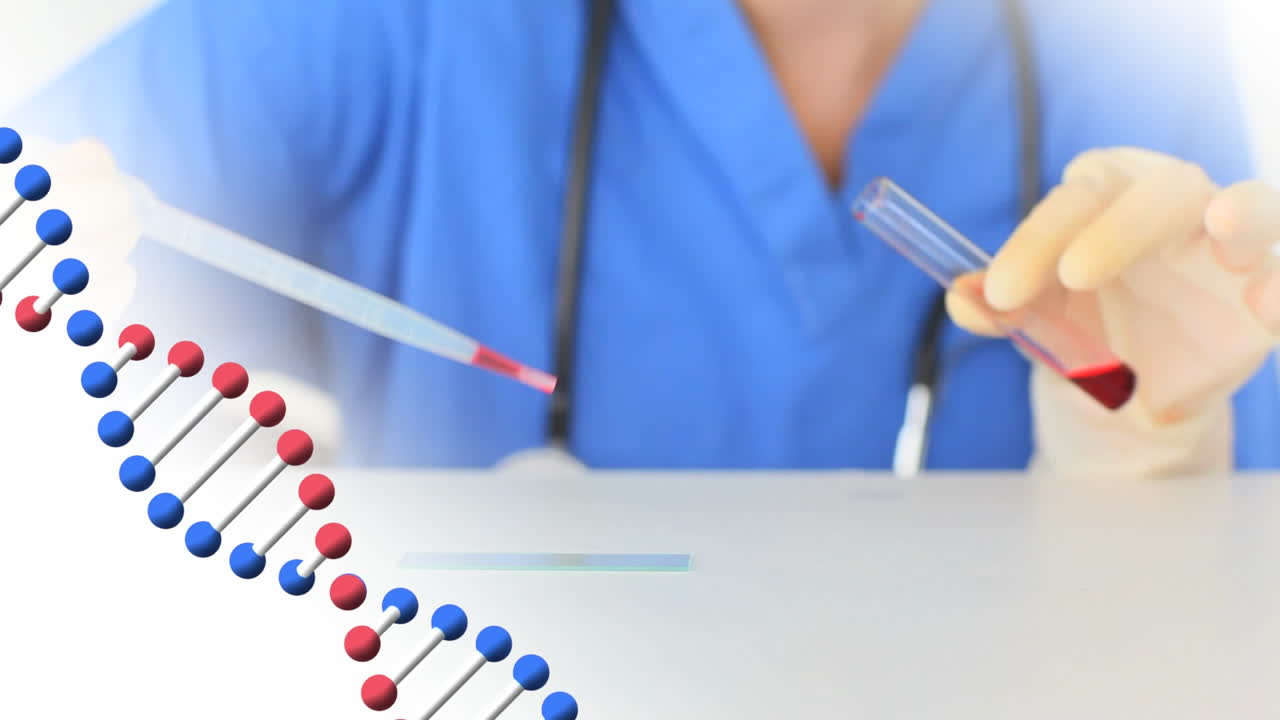 animación de la cadena de adn girando sobre el médico en el laboratorio