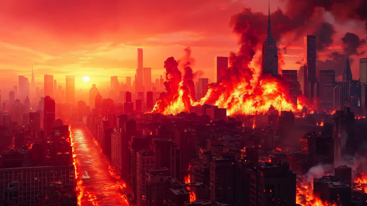 그 중간에 불타는 건물들이 많은 도시