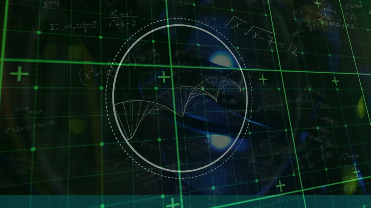 회전하는 dna 나선과 방정식을 가진 원형 스캐너 위의 녹색 그리드의 애니메이션, 검은색에