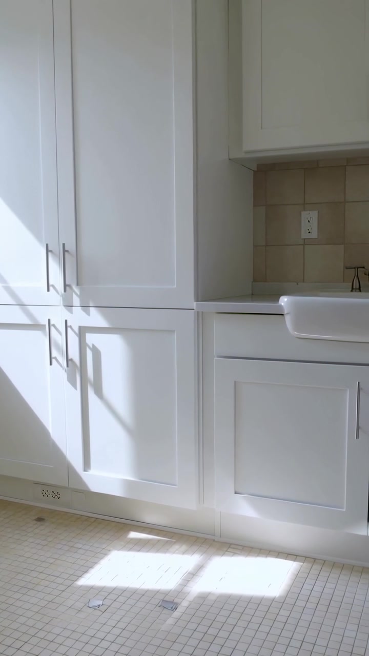 Vídeo vertical: Luz solar em movimento atravessando armários e pia, projetando sombra da moldura no chão da cozinha.
