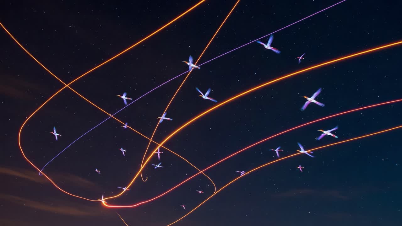 A Captivating Display of Avian Flight Paths Illuminated by Colorful Light Trails in the Night Sky: An Artistic Representation of Nature and Movement